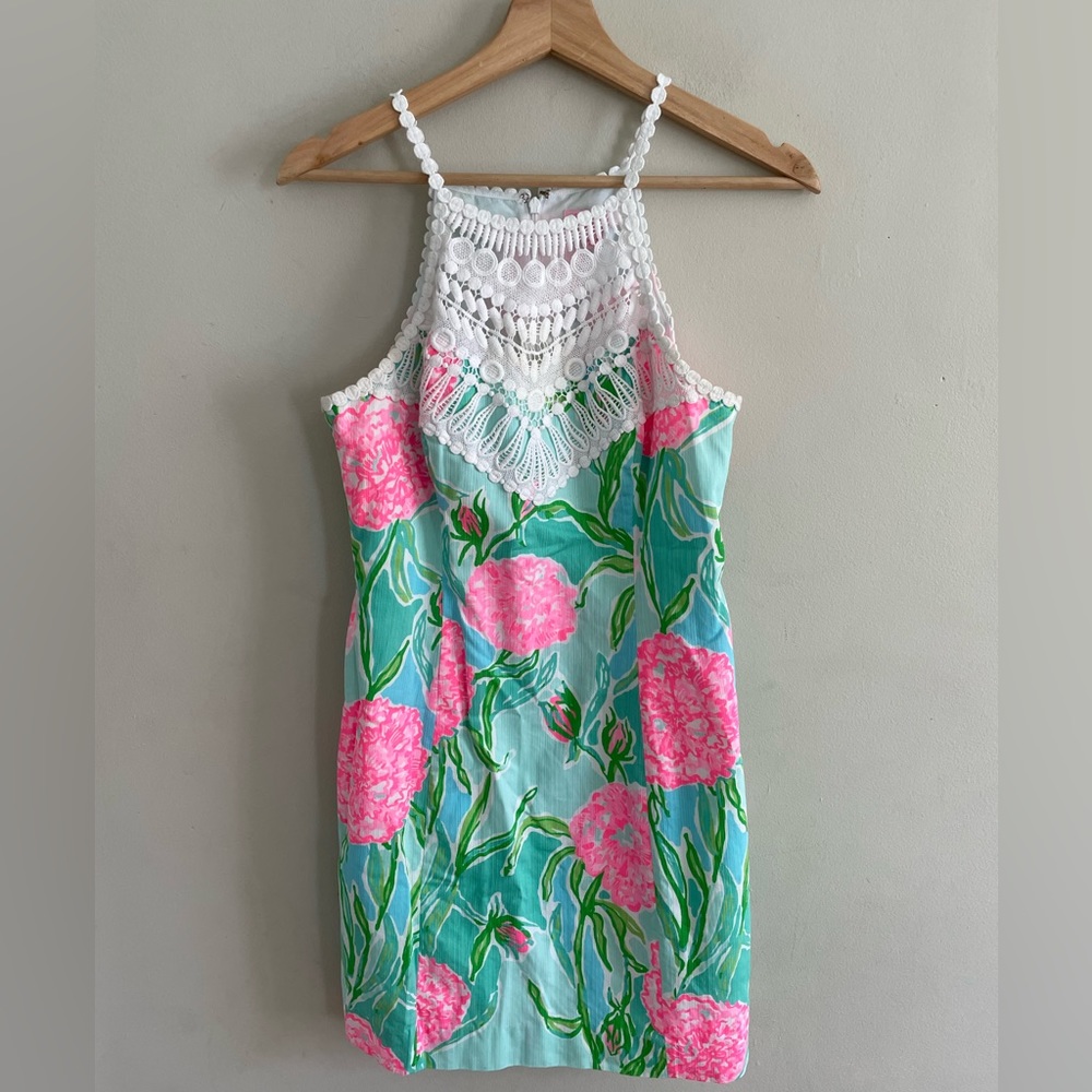 Lilly Pulitzer Pearl Shift Dress Going Stag Poolside Blue Crochet Neckline 4